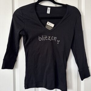 Medium "Blitzen" Black 3/4 Sleeve V-neck Crystal Holiday Top